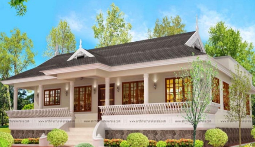 บ้านหน้ากว้างดีไซน์โคโลเนียลมีระเบียงไว้พักผ่อนโปร่ง ๆ ด้านหน้า