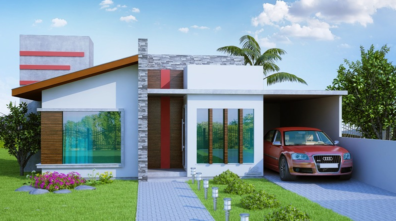 บ้านทรงโมเดิร์น สลับสีวัสดุต่าง ๆ สดใสเด่นโดนตา